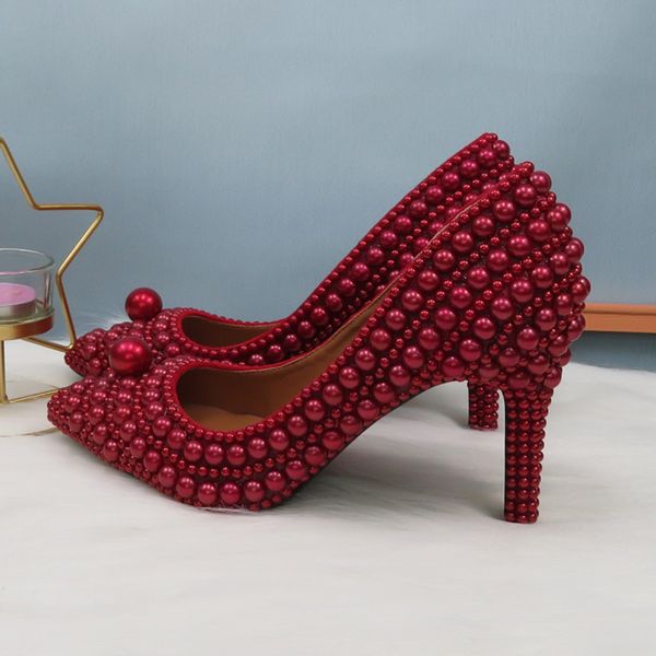 

2020 new arrival wine red pearl women wedding shoes bridal high heels shoes ladies big size party dress woman fashion pump, Black