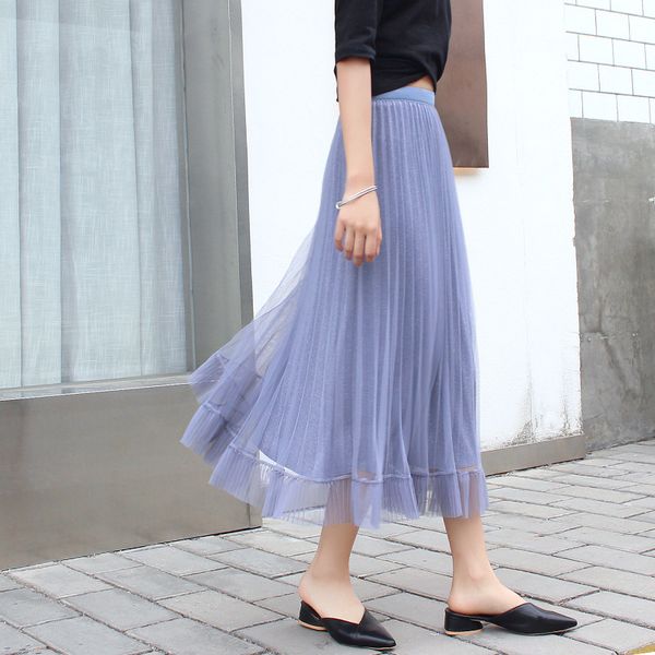 

summer mesh skirts women korean fashion causal office lady elegant streetwear high waist midi pleated skirts, Black
