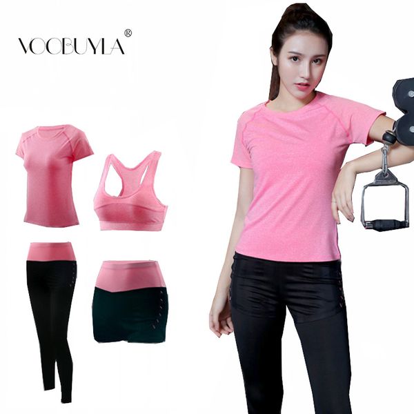 

voobuyla 2019 women yoga running sets quick dry breathable sport t shirts & pants jogging sets gym sport suit running tracksuit, Black;blue
