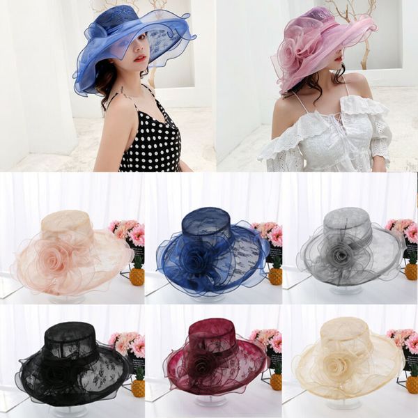 2019 твердые волнистые кружева вс hat женщины кентукки дерби sun органза шляпы new summer beach шляпы, Blue;gray