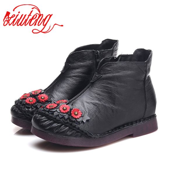 

xiuteng women genuine leather shoes for winter height increasing shoes flats ankle boots national style mother boots for gift, Black