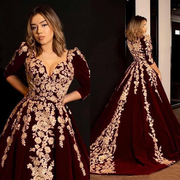 Neue Kaftan Caftan Burgund Velvet Abendkleider Prom Kleid Halbhülse Gold Luxus Spitze Applique Arabisch Dubai Abaya Gelegenheit Kleider