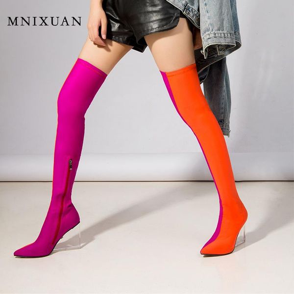 

mnixuan spring boots women over the knee thigh high heels boots 2019 autumn see through wedge sock shoes ladies long, Black