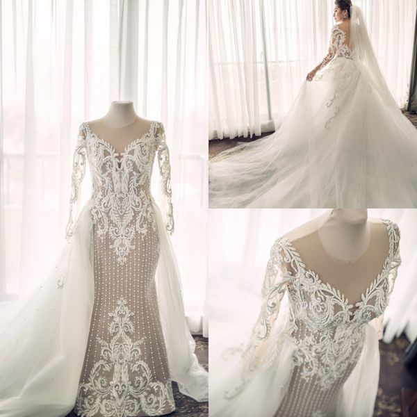 

real picture mermaid wedidng dresses with detachable train jewel neck lace appliqued long sleeve wedding gowns custom made vestidos de novia, White