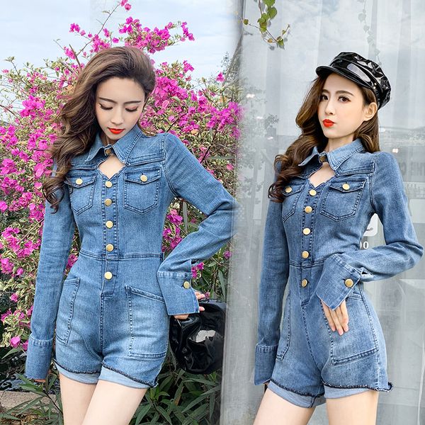

2019 spring and summer new long sleeves jumpsuit women's korean casual bib shorts women jumpsuit, Black;white