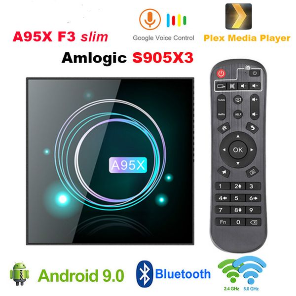 

android 9.0 tv box a95x f3 slim amlogic s905x3 4g 32g/64g 8k hd dual wifi support plex media server netflix mimo 2*2 wifi