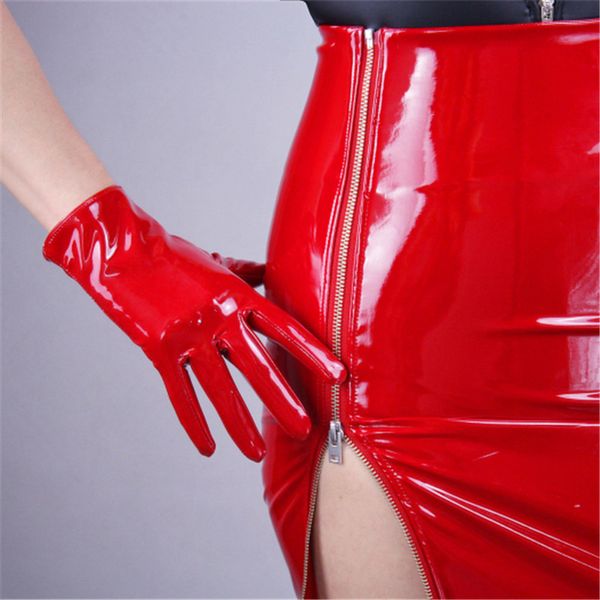 

21cm patent leather gloves bright red black mirror emulation leather bright leather short style show cosplay female wpu88, Blue;gray