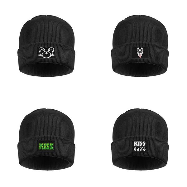 

fashion kiss music winter warm beanie skull hats wool band art rock the-arts-weeknd-songs-kiss land cat face rock band creative design, Blue;gray