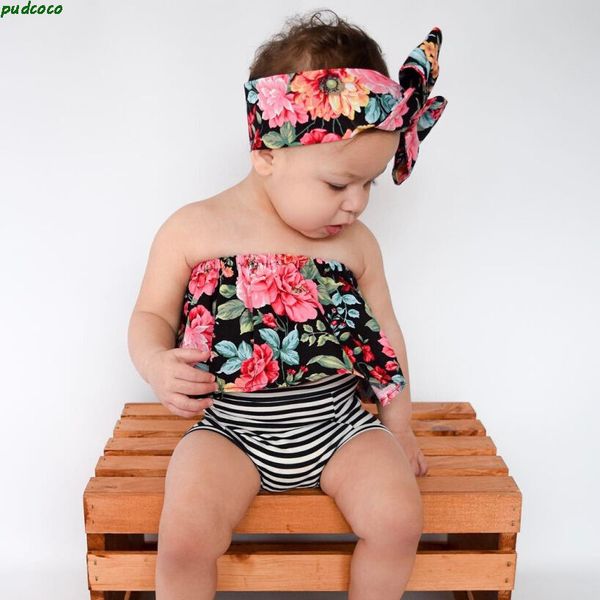 

2pcs kids baby girls fashion outfits lovely floral off the shoulder toddler baby girls crop bowknot headband clothes, Blue