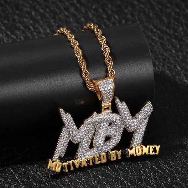 14K Gold Iced Out INS MBM MotivatedByMone Anhänger Halskette Bling Micro Pave Zirkonia Simulierte Diamanten 3mm Seilkette