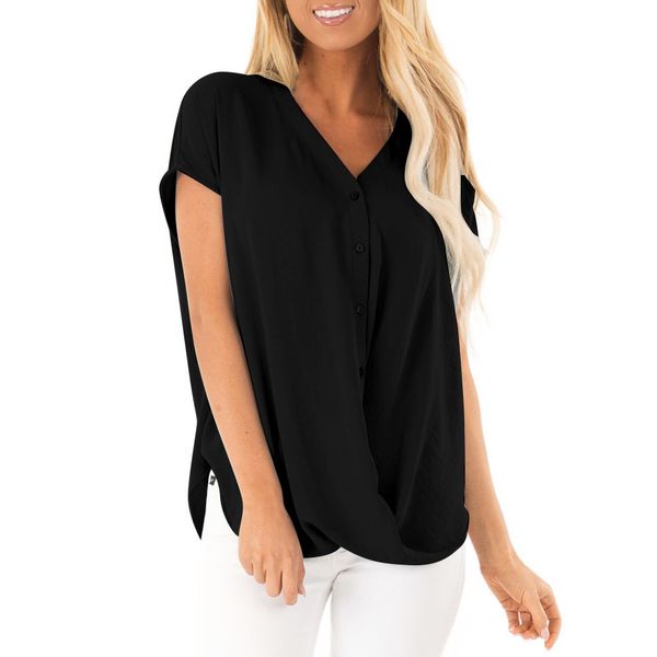 

women summer short sleeve fashion solid ladies causal chiffon blouses shirt loose v neck button blusas mujer de moda, White