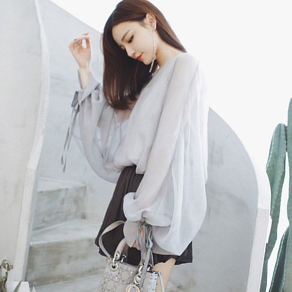 

управление леди фонариков рукава тюль прозрачный сексуальный рубашка вскользь блузы elegant женщин шифон блузки осень серый цвет рубашки, White