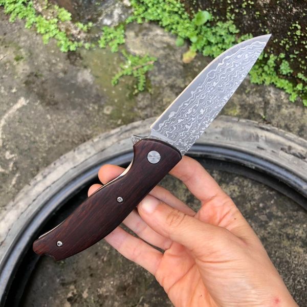 Damasco Flipper Faca dobrável Rosewood Handle Bleing Bolling Fast Open EDC Pocket Dobra Facas Ferramentas