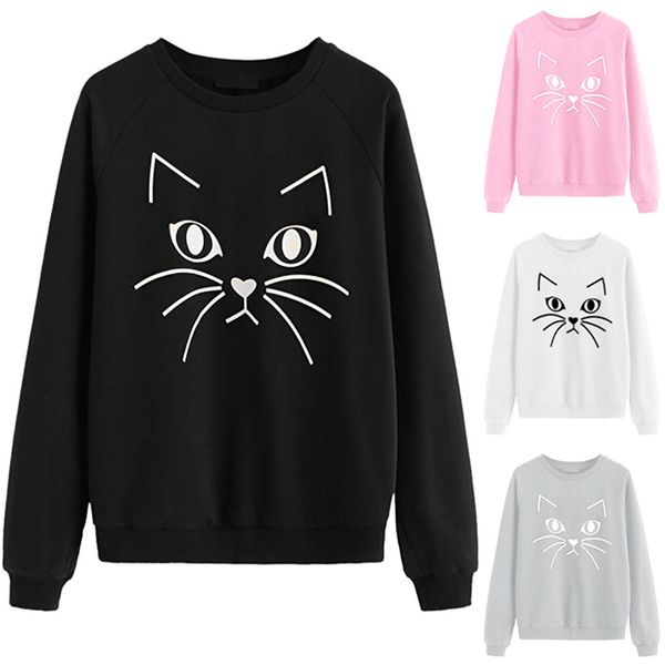 

khoshtib women's sweater new fashion casual temperament autumn and winter cat print solid color round neck long-sleeved sweater