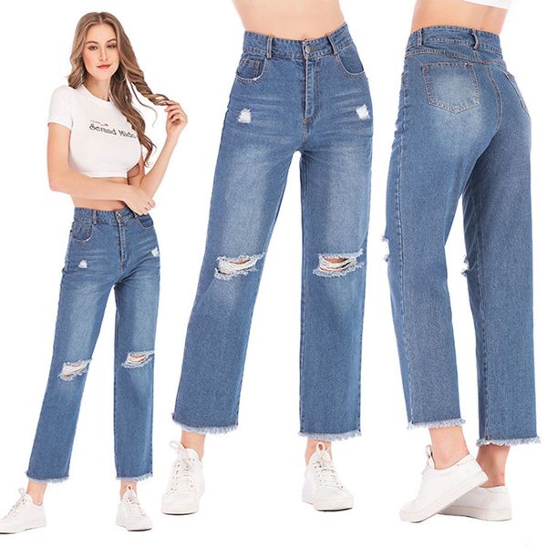

jeans women autumn elastic plus loose ripped jeans hole denim casual wide leg pants cropped pants mujer s10, Blue
