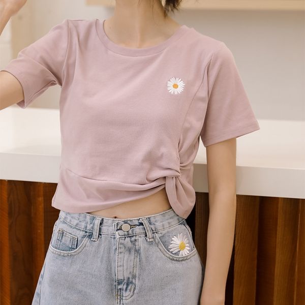 

summer 2020 new coat t-shirt fresh little daisy embroidery twisted waist slim short navel short-sleeved t-shirt female, White