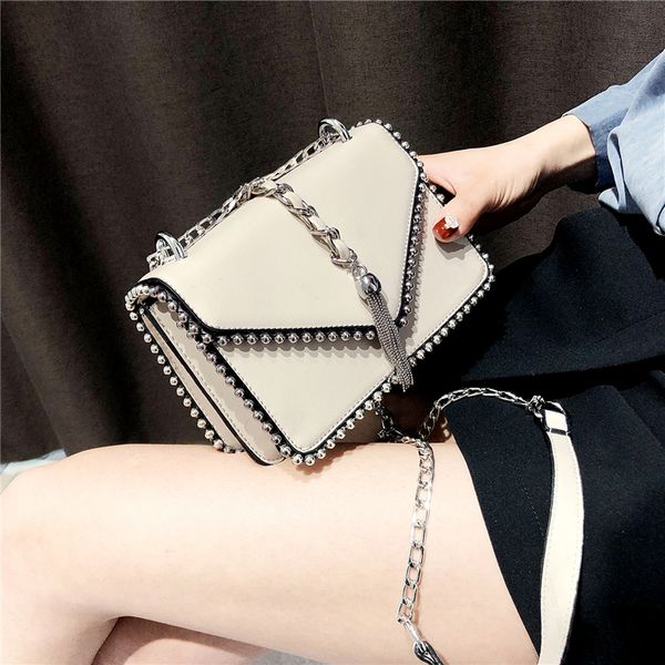 

british fashion simple small square bag women's designer handbag high-quality pu leather rivet tassel chain shoulder bags