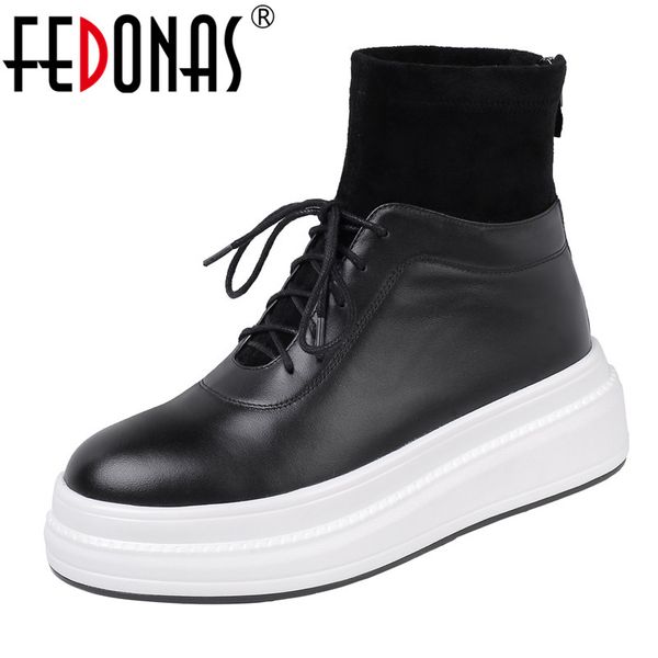 

fedonas riding boots women flat high heels ankle boots platforms warm 2020 autumn winter socks shoes woman genuine leather, Black