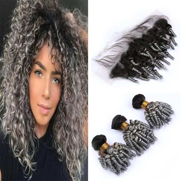 2019 Dark Roots Grey Ombre Funmi Curly Hair Bundles With Frontal