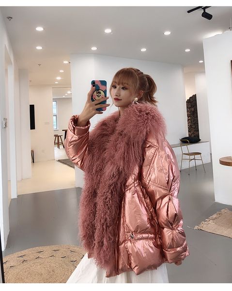 

womens fashion loose bright surface big tibet sheep fur warm winter down coat down parka winter coat womens outwear jacket silver pink black