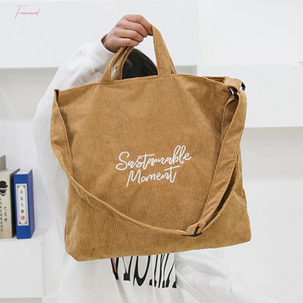 

lammei corduroy casual women handbag embroidery letter canvas shoulder crossbody bags female messenger large capacity bag