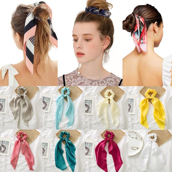 

sale ribbon vintage women satin hair scarf bowknot streamers scrunchies ponytail holder headband elastic hair ties for girls, Golden;white