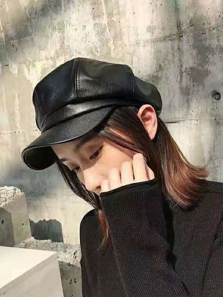 

selling women's pu pointed beret ladies retro solid color octagonal hat winter autumn black painter hat, Blue;gray