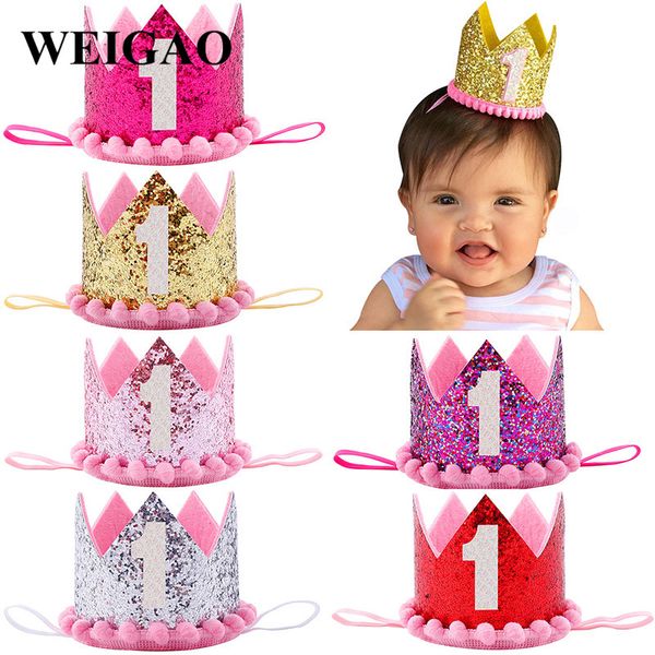 

weigao 1pcs glitter caps crown headband princess prince crown headdress baby shower kids 1st birthday party decoration supplies