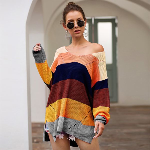 

patchwork long sleeve rainbow striped sweaters women v neck long loose blouse knitted winter clothes sweaters jumper pull femme, White;black