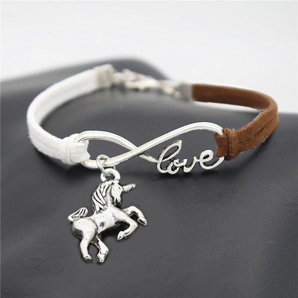 

бесконечность любовь животных лошадь единорог кулон браслет богемный винтаж темно-коричневый белый кожаный замши веревка очарование браслеты, Golden;silver