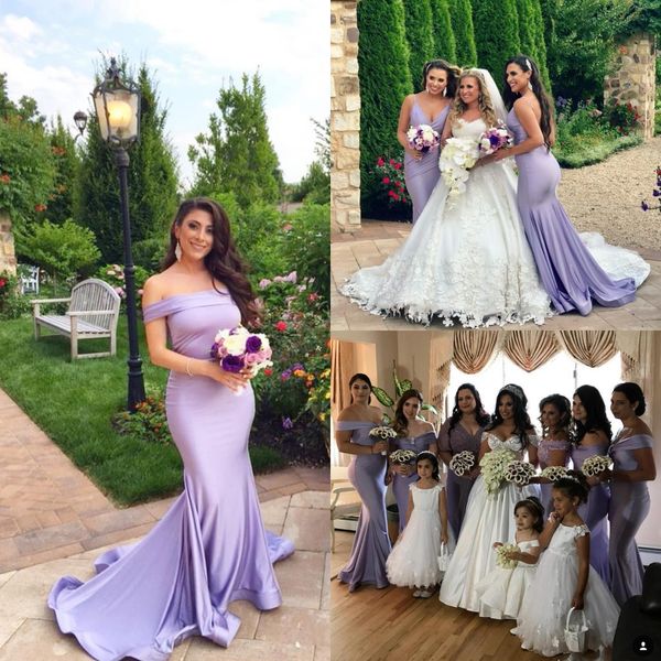 

elegant long lavender mermaid bridesmaid dresses 2019 off the shoulder sweep train garden wedding guest prom gowns