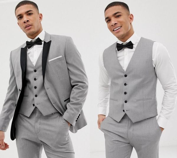 

2020 custom made grey mens suits black lapel slim fit wedding suits for groom / groomsmen prom casual suits (jacket+pants+vest+bow tie, Black;gray
