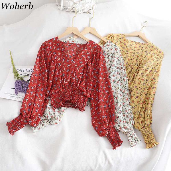 

woherb summer new sweet slim waist blouse vintage floral print chiffon loose long-sleeved v-neck short ladies 24860, White