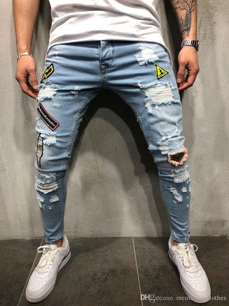 

mens ripped slim fit jeans emblem embroidered designer denim blue pencil jean pants hiphop street trousers