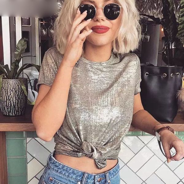 

для женщин дизайнер топы женщины tshirt серебряного блестящего люрекс одежды футболки women 2019 summer sexy коротких mouwen футболка женщин, White