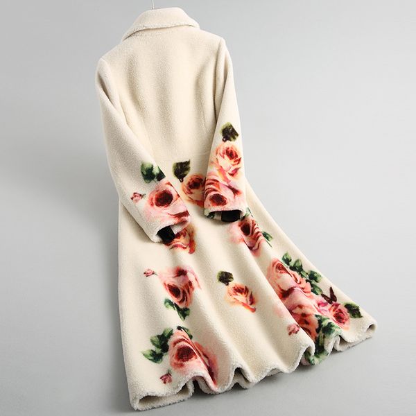 

sheep women real winter shearling fur 200% wool coat korean vintage print floral long jacket hq29-ox002c yy442, Black