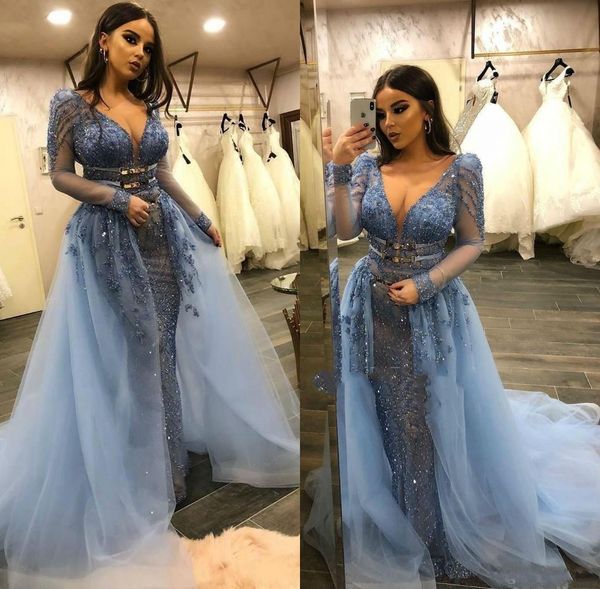 

Shinning Sparkly Mermaid Prom Dresses Sexy Deep V Neck Sheer Sequined Long Sleeve Evening Gown Illusion Beads Formal Overskirt Party Dress