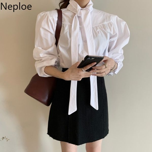 

neploe lace up blouse women solid bow-collar long sleeve female spring 2020 fashion casual office lady blusa shirts 1b609, White