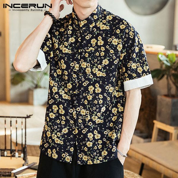 

incerun floral print streetwear men half sleeve collar shirt fashion trend harajuku baggy cotton men's casual button down blouse, White;black