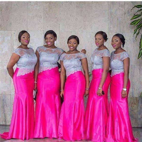 Artı Onur törenlerinde Of Boyut Fuşya Gelinlik Modelleri Nijerya Stil Dantel Ve Saten Hizmetçi Düğün Şeffaf Boyun kap Kol Gelinlik Giydirme için
