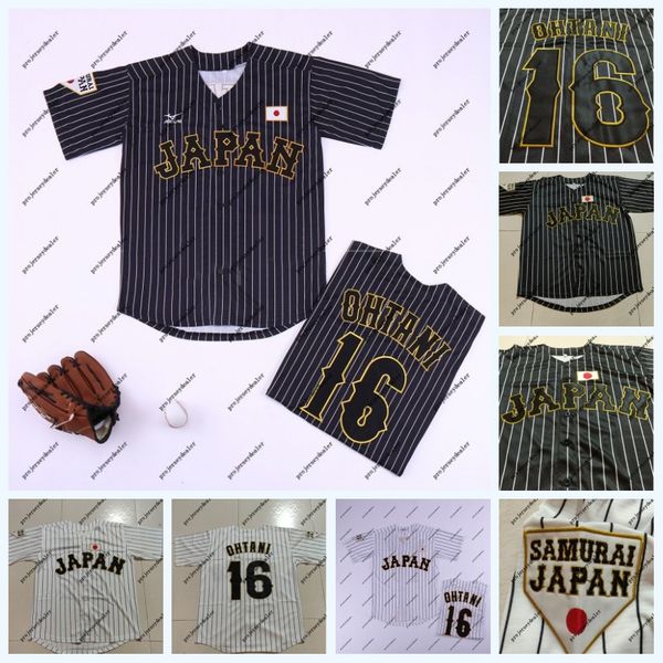 

Japan Samurai 16 Shohei Ohtani Black White Stripe Pinstriped Baseball Jersey Double Stitched Name and Number High Quailty Fast Shipping