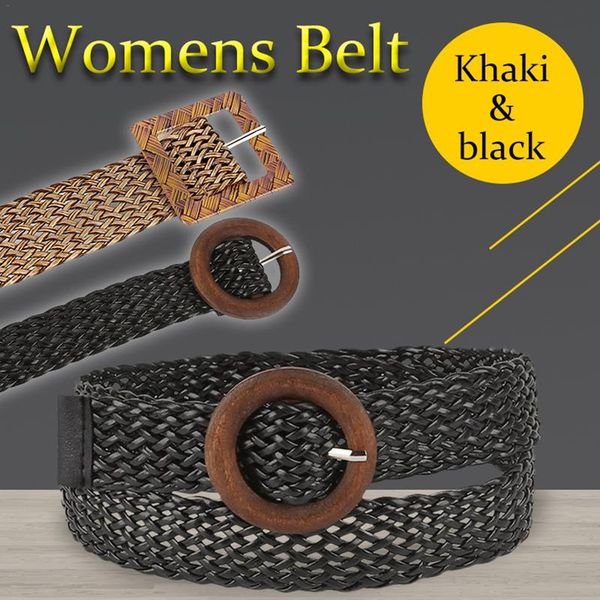 

women vintage hollow woven women belt decoration ethnic style round buckle wild dress accessories waistband, Black;brown