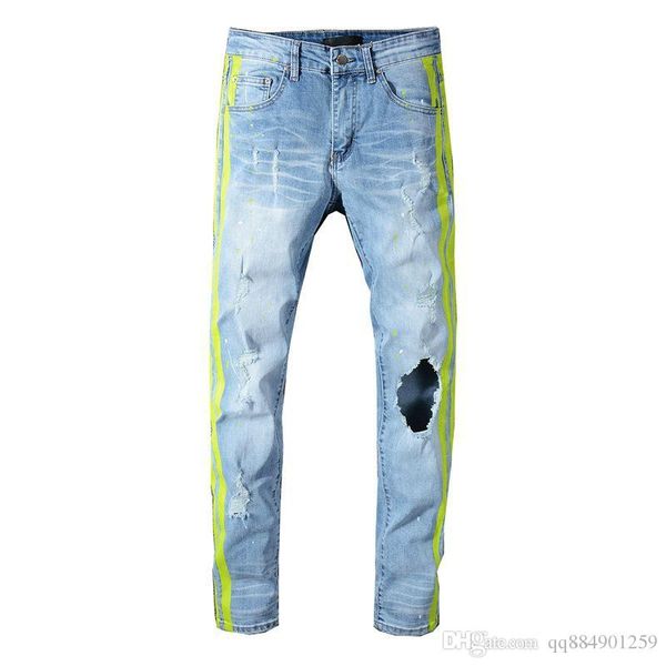 

2019 mens hole distressed ripped motorcycl biker jeans slim fit denim pants fashion designer hip hop mens jeans size 28-40, Blue