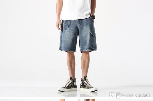 

2019 летнее время мульти карманы хай стрит хип хоп стиль свободный тип случайные простые короткие джинсы, Blue