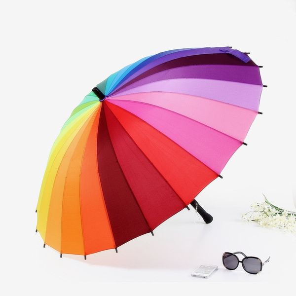 

24k rib color rainbow fashion long handle straight anti-uv sun/rain stick umbrella manual big parasol umbrellas