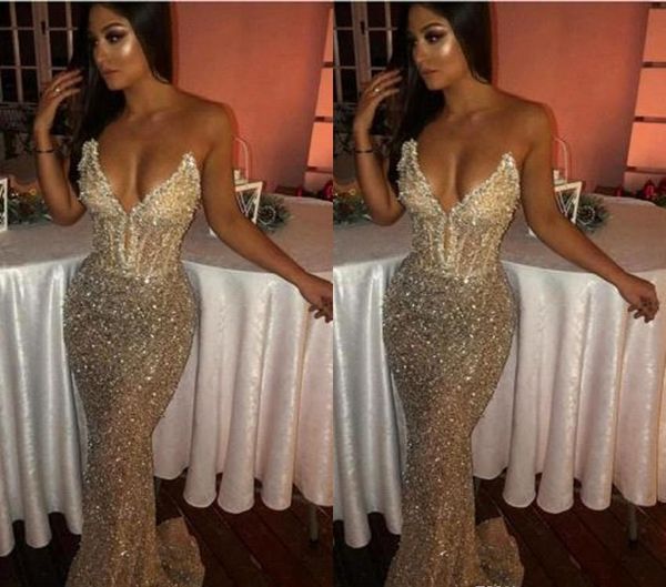 

gold color mermaid sequined prom dresses new south african black girls v neck holidays graduation wear evening party gowns plus size