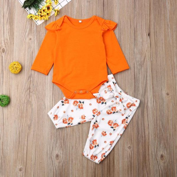 

infant baby boys baby girl clothes autumn vestido infantil ruffles solid romper bebek giyim bodysuit+floral print pants outfits, White