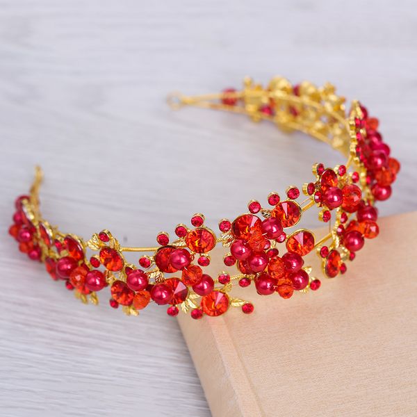 

red rhinestone crystal headband tiara simulated pearl princess crown hair jewelry wedding engagement bridal headdress hairband, Golden;white