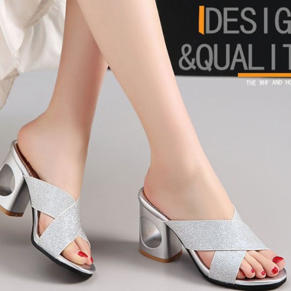 

fanyuan slipper wholesale big size 48 women sandals open toe square high heels shoes summer slipper female dress party shoes, Black