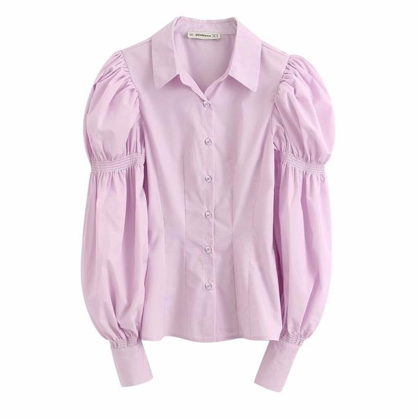 

women's blouses & shirts 2021 spring lapel poplin puff long sleeve purple stretch waist thin shirt, White